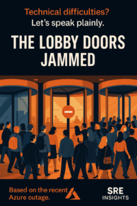 Hotel guest trying to get into the lobby but one of 3 doors is not working. Confusion occurs as folks navigate to the remaining 2 entrances.