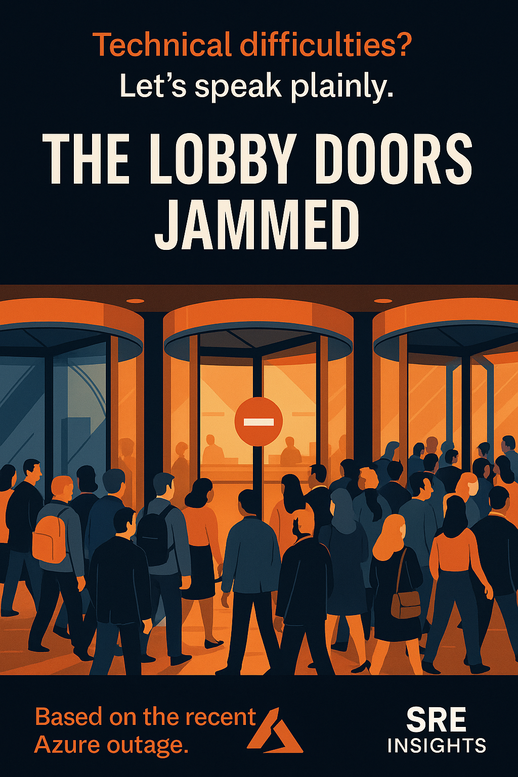 Hotel guest trying to get into the lobby but one of 3 doors is not working. Confusion occurs as folks navigate to the remaining 2 entrances.