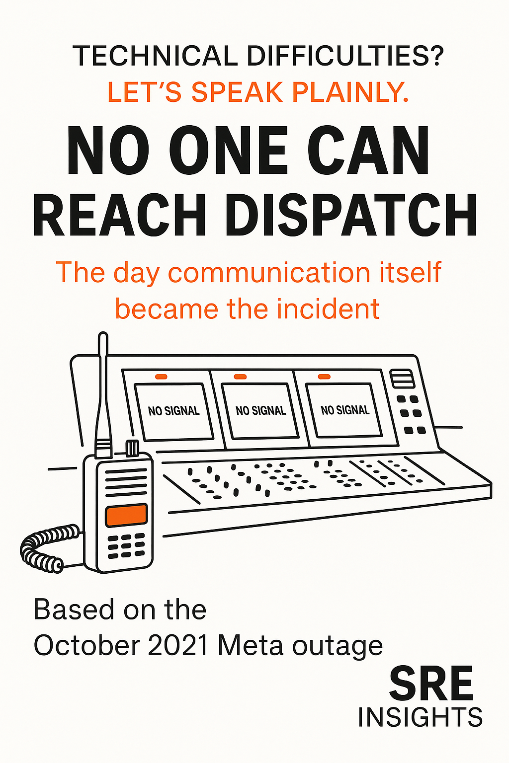 Picture with titles of the series and anecdote surrounding an emergency centers dispatch terminal showing "no signal" on their displays