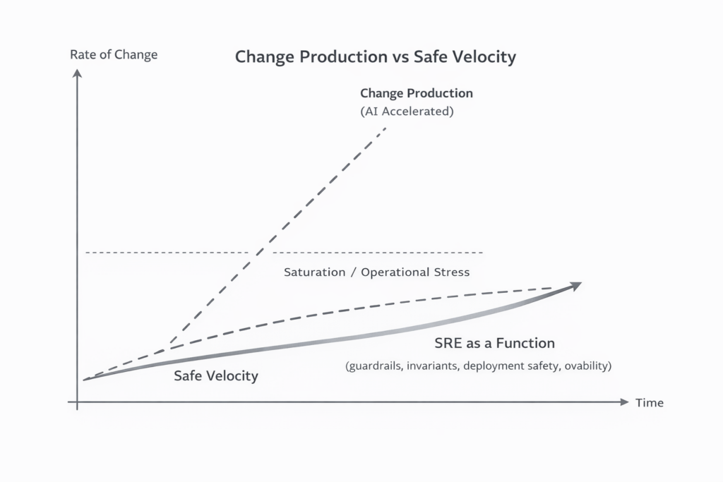 AI introduced high rate of change, people and technical systems safeguarded by SRE.